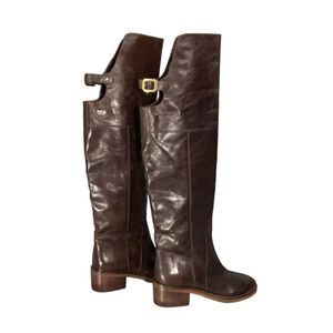 Dune London Brown Leather Over the Knee Riding Boots Open Back Buckle Sz 37 US 6